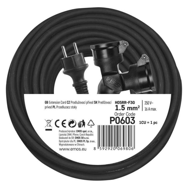 Venkovní prodlužovací kabel 20 m / 2 zásuvky / černý / guma / 230 V / 1,5 mm2