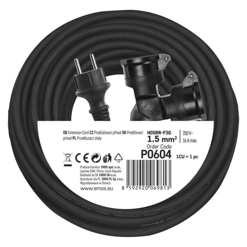 Przedłużacz ogrodowy 25 m / 2 gniazda / czarny / guma / 230 V / 1,5 mm2