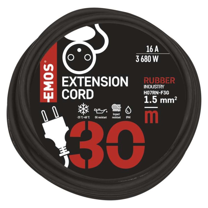 Vonkajší predlžovací kábel 30 m / 1 zásuvka / čierny / guma-neoprén / 230 V / 1,5 mm2