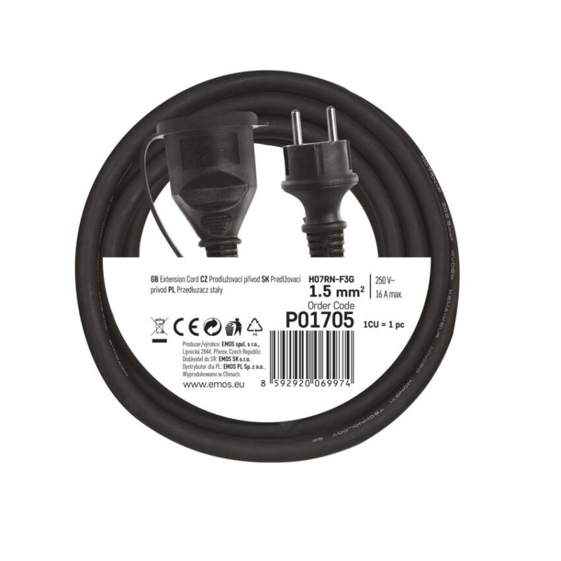Venkovní prodlužovací kabel 5 m / 1 zásuvka / černý / guma-neopren / 230 V / 1,5 mm2