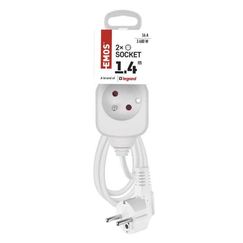 Przedłużacz 1,4 m / 2 gniazda / biały / PVC / 1 mm2
