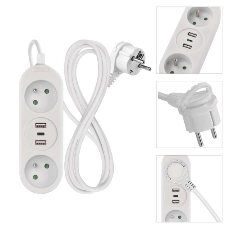 Przedłużacz 1,4 m / 2 gniazda + 2×USB-A+1×USB-C / biały / PVC / 1,5 mm2