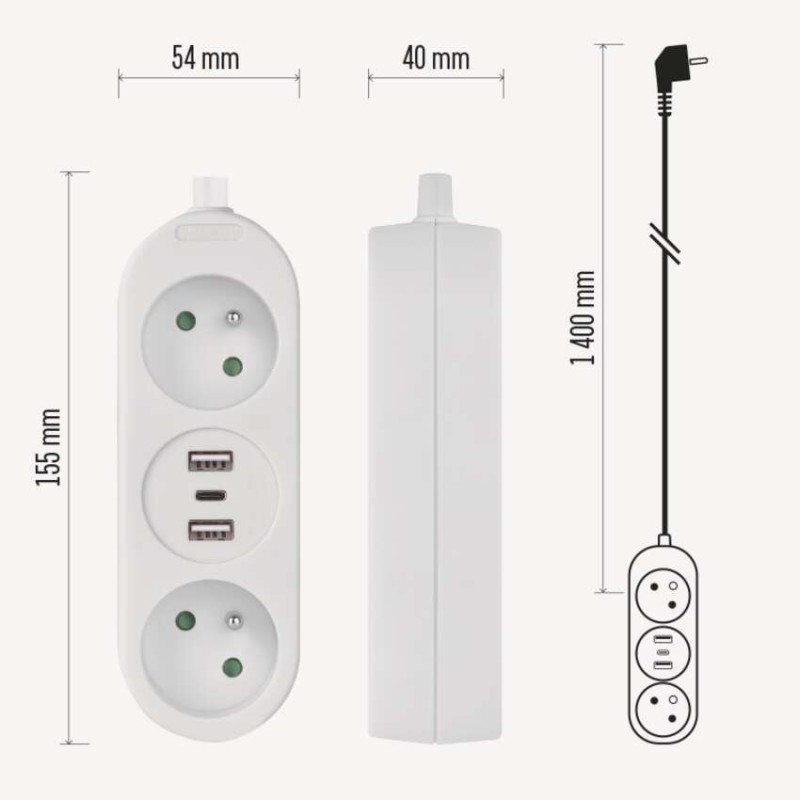 Przedłużacz 1,4 m / 2 gniazda + 2×USB-A+1×USB-C / biały / PVC / 1,5 mm2