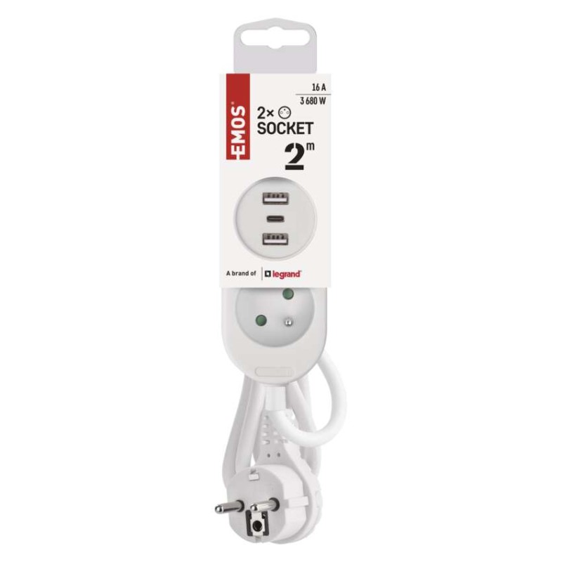 Przedłużacz 2 m / 2 gniazda + 2×USB A+1×USB C / biały / PVC / 1 mm2