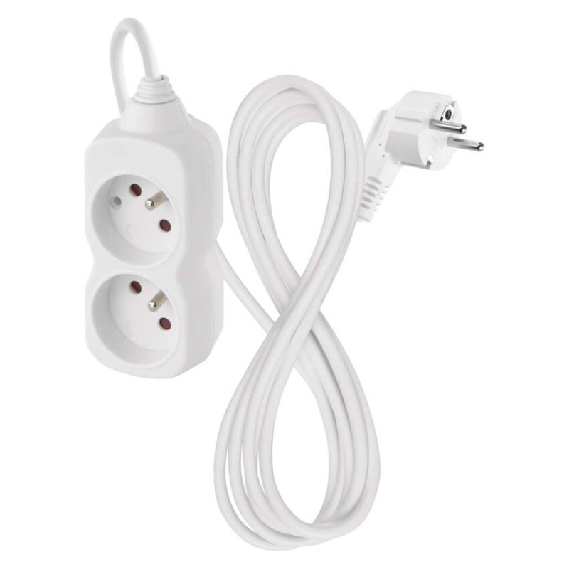 Przedłużacz 2 m / 2 gniazda / biały / PVC / 1 mm2