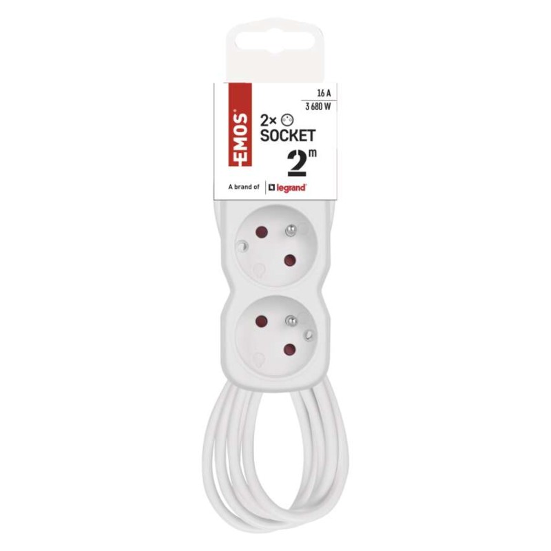 Przedłużacz 2 m / 2 gniazda / biały / PVC / 1 mm2