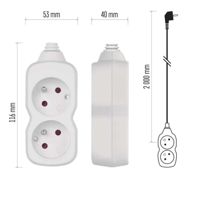 Przedłużacz 2 m / 2 gniazda / biały / PVC / 1 mm2