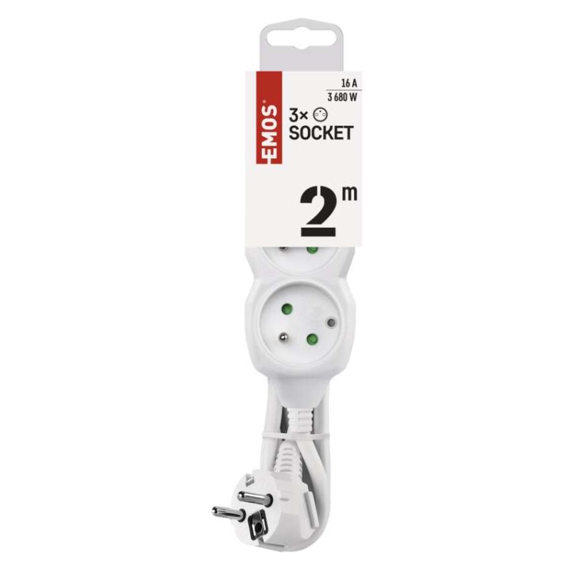 Przedłużacz 2 m / 3 gniazda / biały / PVC / 1 mm2