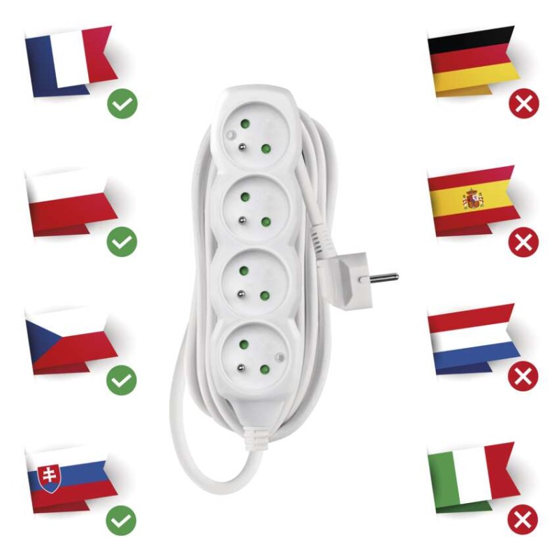 Przedłużacz 5 m / 4 gniazda / biały / PVC / 1,5 mm2