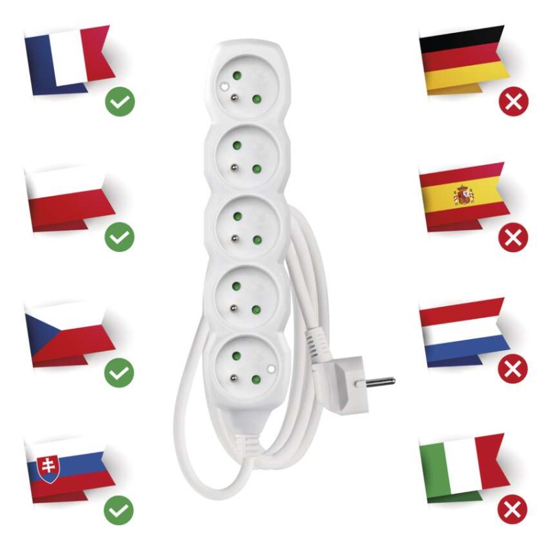 Przedłużacz 1,5 m / 5 gniazd / biały / PVC / 1 mm2