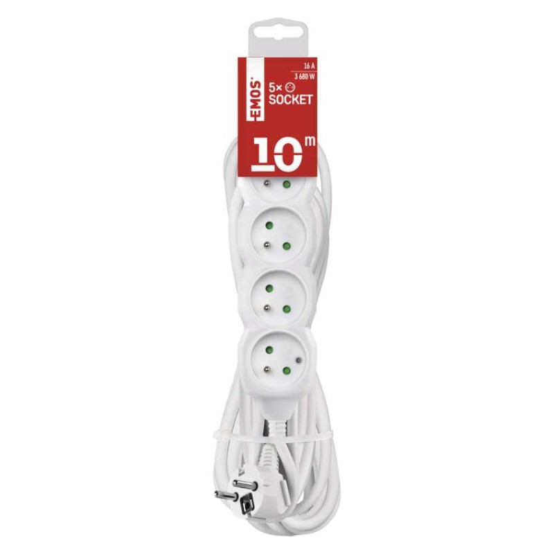 Przedłużacz 10 m / 5 gniazd / biały / PVC / 1,5 mm2