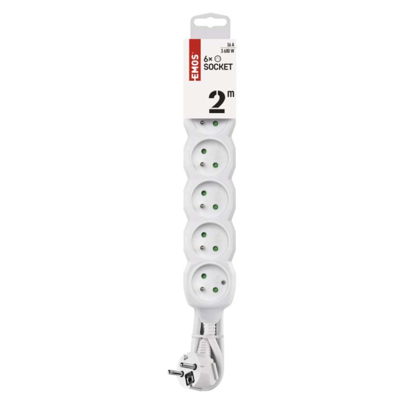 Prodlužovací kabel 2 m / 6 zásuvek / bílý / PVC / 1 mm2