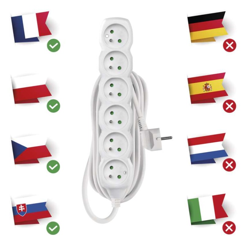 Przedłużacz 5 m / 6 gniazd / biały / PVC / 1 mm2