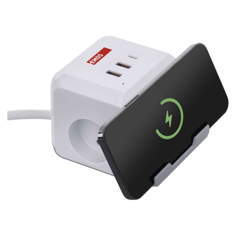 Prodlužovací kabel - kostka 2 m / 2 zásuvky / bílý / 2×USB-C + 1×USB-C+Qi / 1,5 mm2
