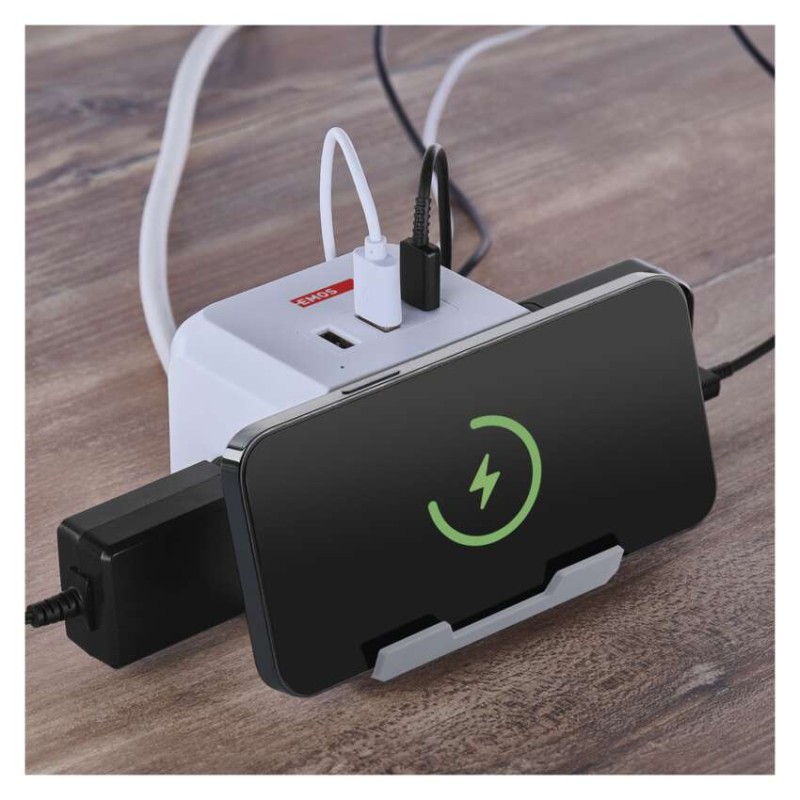 Prodlužovací kabel - kostka 2 m / 2 zásuvky / bílý / 2×USB-C + 1×USB-C+Qi / 1,5 mm2