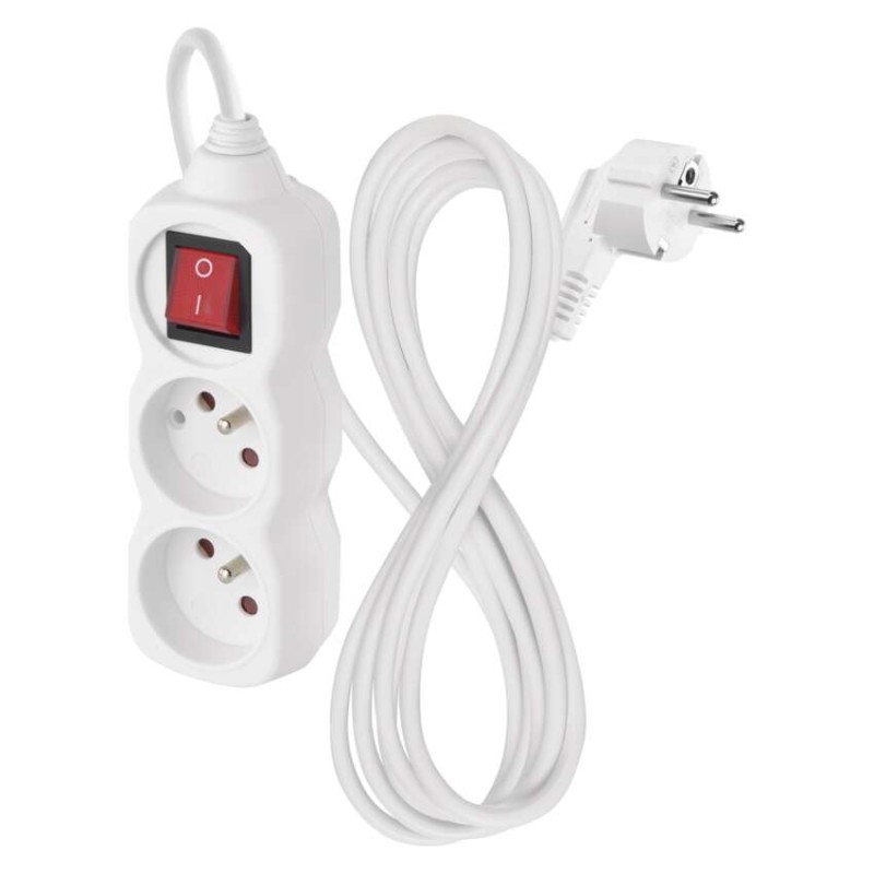 Przedłużacz 2 m / 2 gniazda / z wyłącznikiem / biały / PVC / 1 mm2