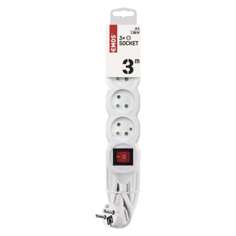 Przedłużacz 3 m / 3 gniazda / z wyłącznikiem / biały / PVC / 1 mm2