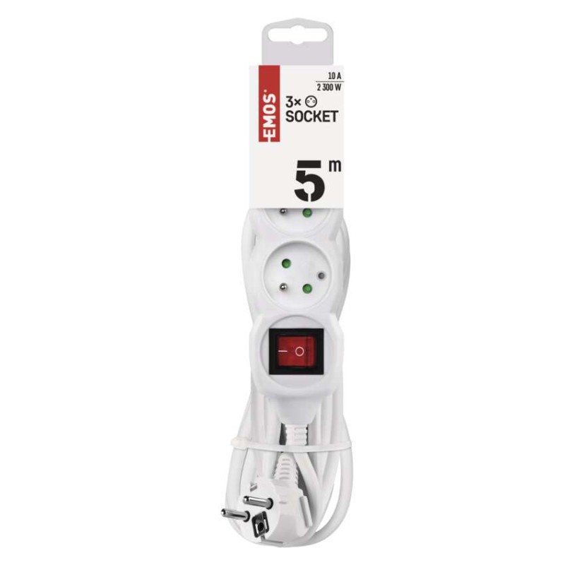 Prodlužovací kabel 5 m / 3 zásuvky / s vypínačem / bílý / PVC / 1 mm2