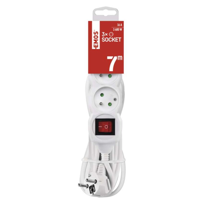 Prodlužovací kabel 7 m / 3 zásuvky / s vypínačem / bílý / PVC / 1,5 mm2
