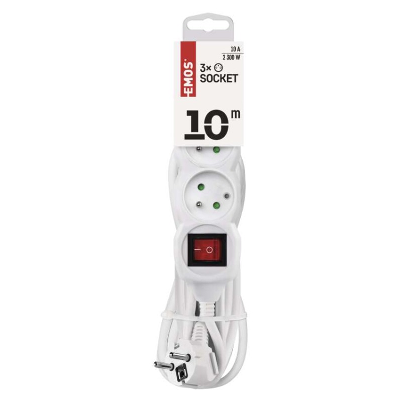 Prodlužovací kabel 10 m / 3 zásuvky / s vypínačem / bílý / PVC / 1 mm2