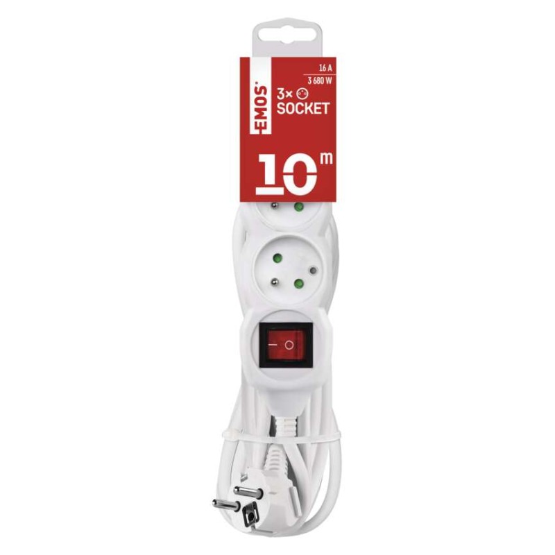Prodlužovací kabel 10 m / 3 zásuvky / s vypínačem / bílý / PVC / 1,5 mm2