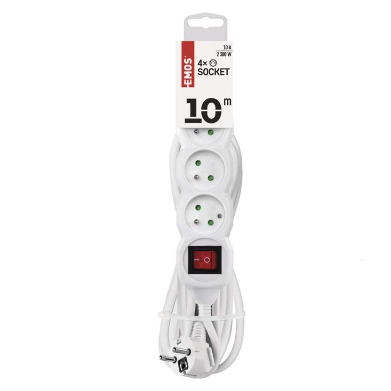 Prodlužovací kabel 10 m / 4 zásuvky / s vypínačem / bílý / PVC / 1 mm2