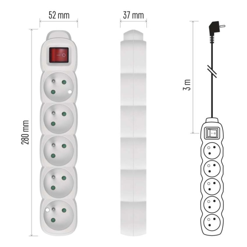 Przedłużacz 3 m / 5 gniazd / z wyłącznikiem / biały / PVC / 1,5 mm2