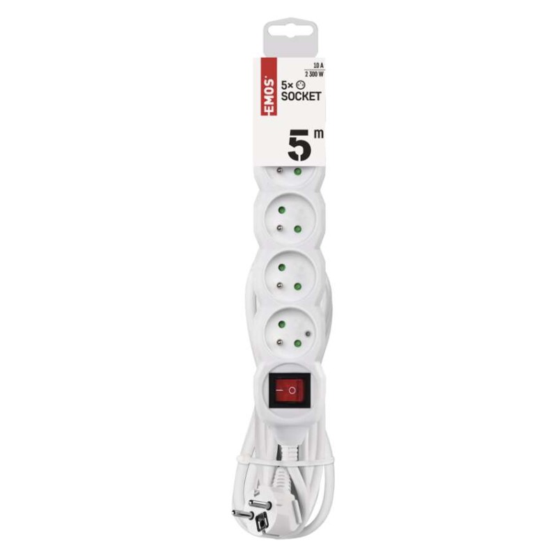 Przedłużacz 5 m / 5 gniazd / z wyłącznikiem / biały / PVC / 1 mm2
