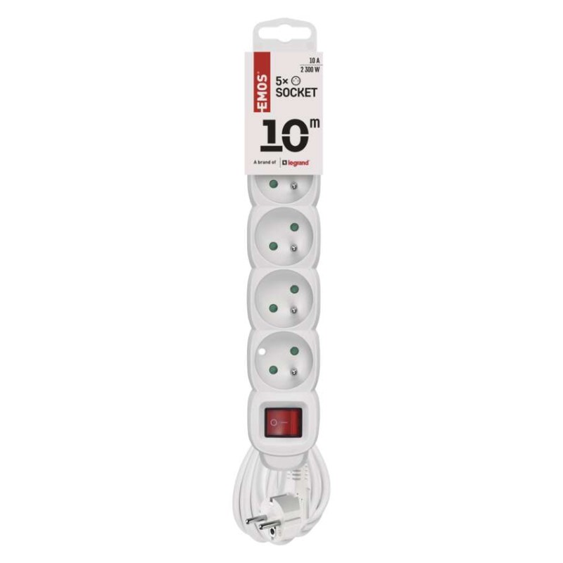 Prodlužovací kabel 10 m / 5 zásuvek / s vypínačem / bílý / PVC / 1 mm2