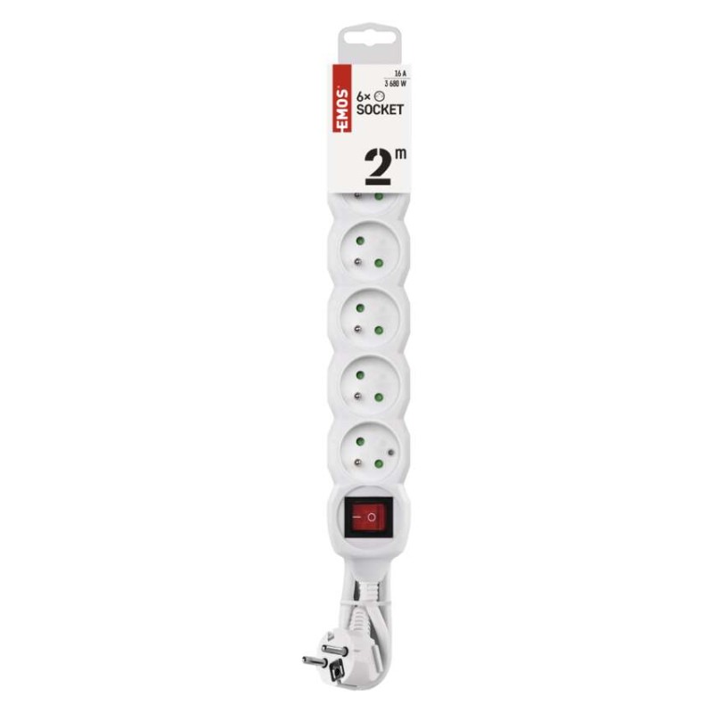 Predlžovací kábel 2 m / 6 zásuviek / s vypínačom / biely / PVC / 1 mm2