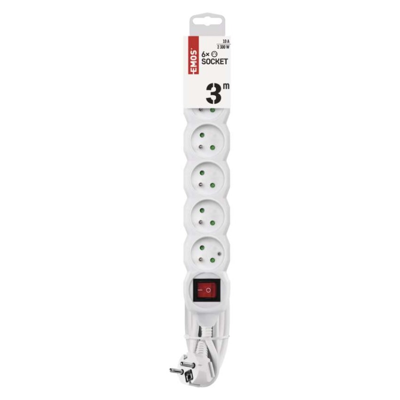 Przedłużacz 3 m / 6 gniazd / z wyłącznikiem / biały / PVC / 1 mm2