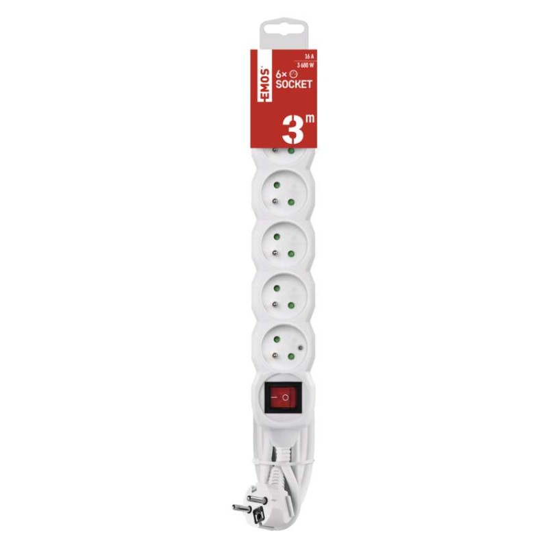 Predlžovací kábel 3 m / 6 zásuviek / s vypínačom / biely / PVC / 1,5 mm2