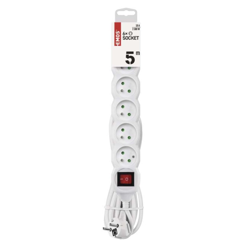 Prodlužovací kabel 5 m / 6 zásuvek / s vypínačem / bílý / PVC / 1 mm2