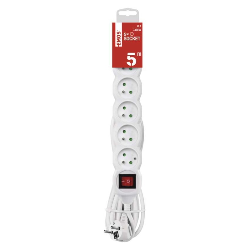 Predlžovací kábel 5 m / 6 zásuviek / s vypínačom / biely / PVC / 1,5 mm2