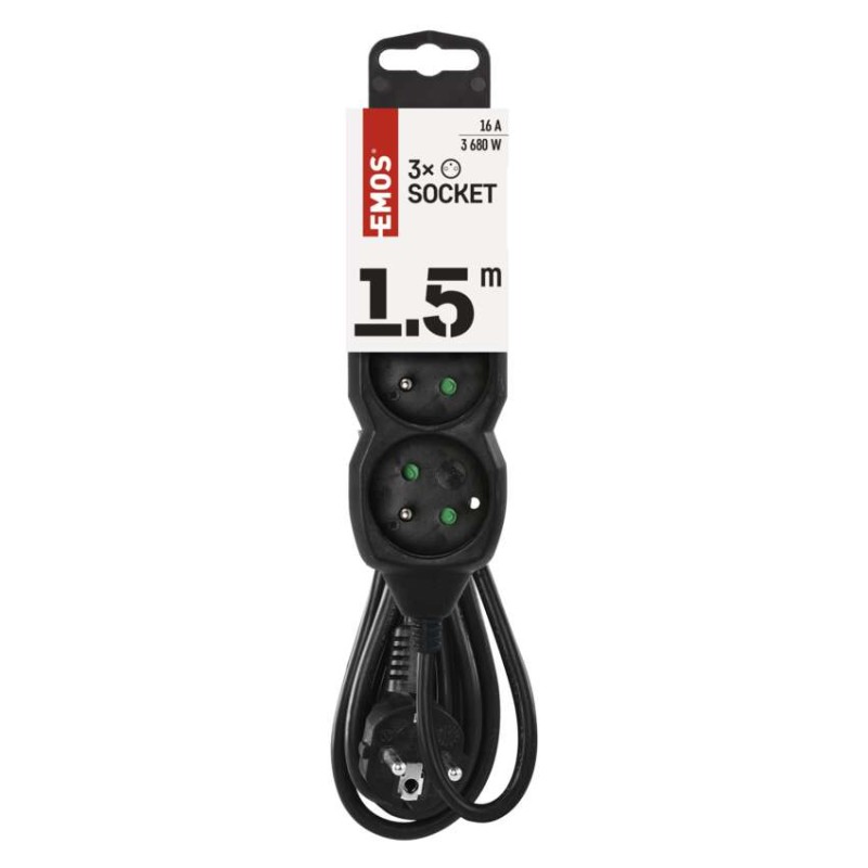 Prodlužovací kabel 1,5 m / 3 zásuvky / černý / PVC / 1 mm2