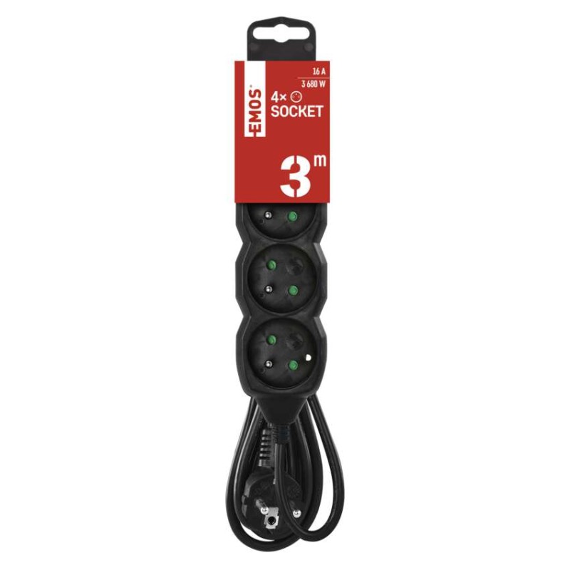 Prodlužovací kabel 3 m / 4 zásuvky / černý / PVC / 1,5 mm2