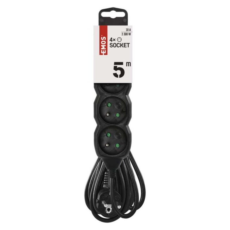 Przedłużacz 5 m / 4 gniazda / czarny / PVC / 1 mm2
