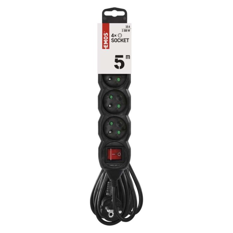 Prodlužovací kabel 5 m / 4 zásuvky / s vypínačem / černý / PVC / 1 mm2