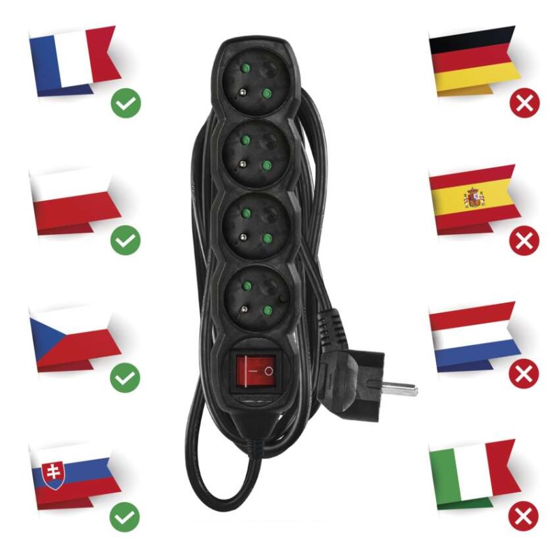 Prodlužovací kabel 5 m / 4 zásuvky / s vypínačem / černý / PVC / 1 mm2