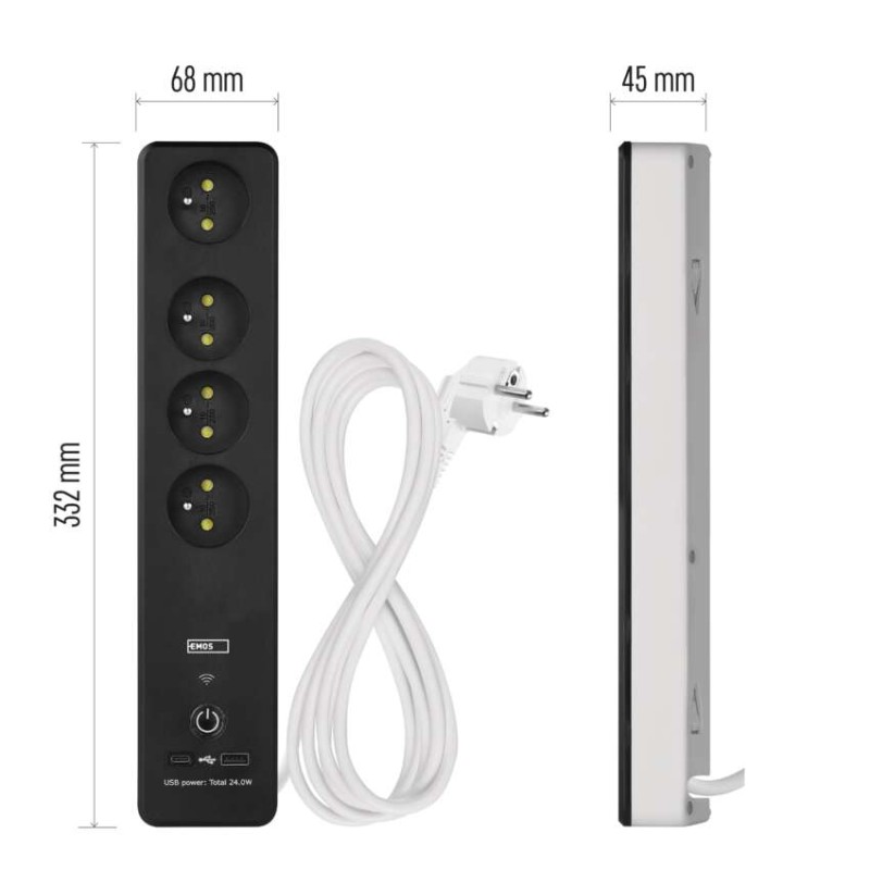 GoSmart Przedłużacz 2 m / 4 gniazda / z wyłącznikiem / z USB / biało-czarny / PVC / 1,5mm2