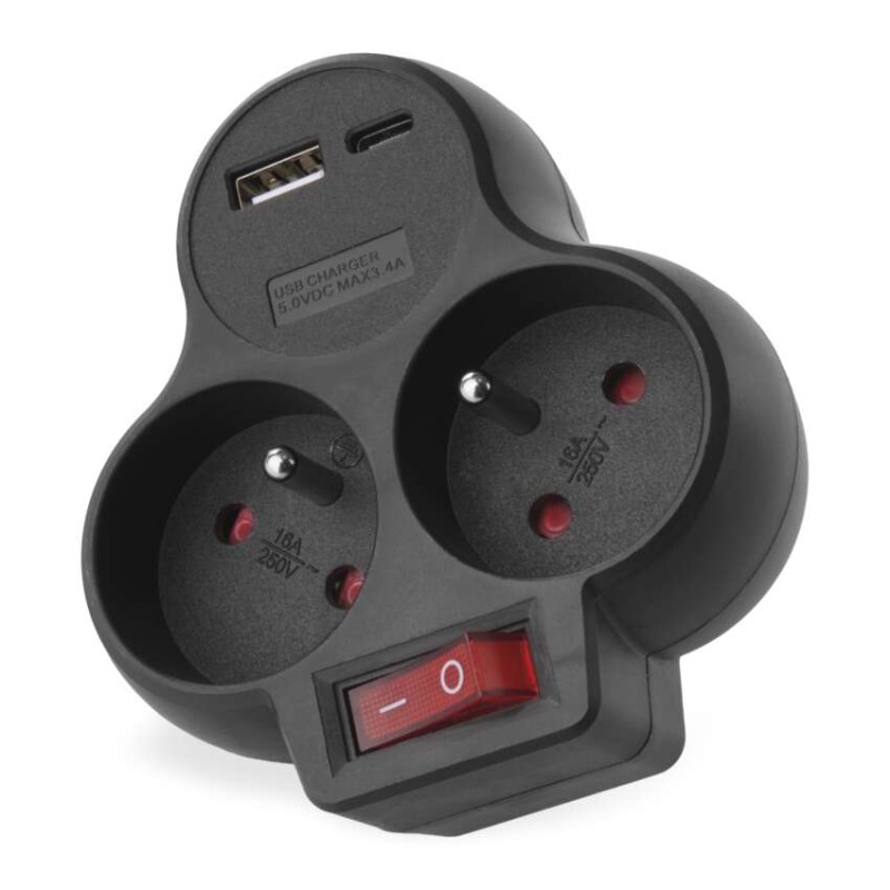 Rozbočovací zásuvka 2×, vyp., 1×USB-A+1×USB-C, černá