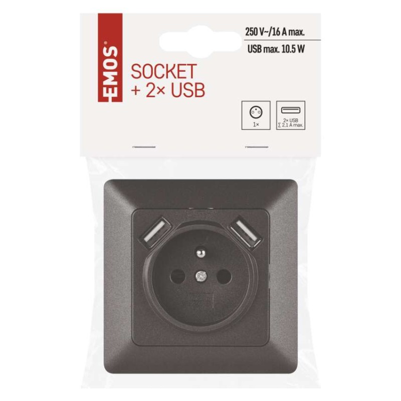 Gniazdo FRENCH z USB 2,1A max. IP20 antracyt