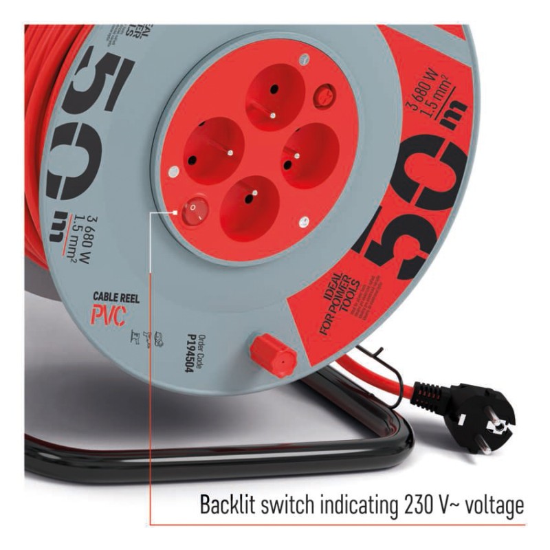 Przedłużacz bębnowy 50 m / 4 gniazda / z wyłącznikiem / czerwony / PVC / 230 V / 1,5 mm2