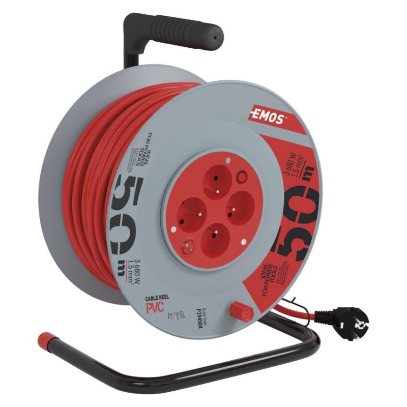 Przedłużacz bębnowy 50 m / 4 gniazda / z wyłącznikiem / czerwony / PVC / 230 V / 1,5 mm2