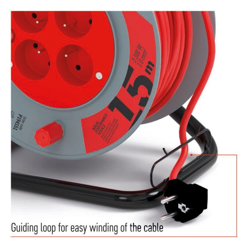 Przedłużacz bębnowy 15 m / 4 gniazda / czerwony / PVC / 230 V / 1 mm2