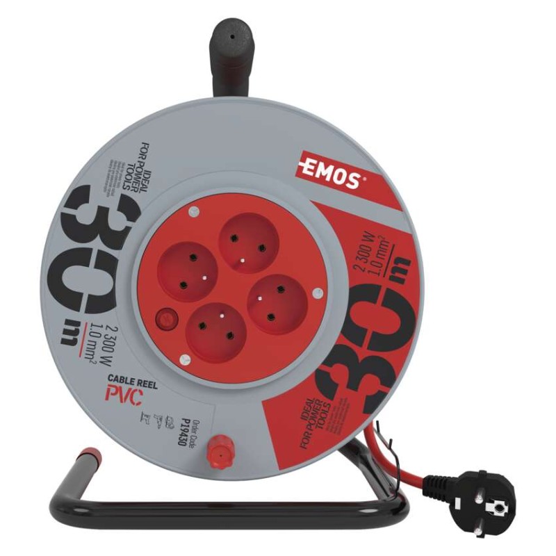 Przedłużacz bębnowy 30 m / 4 gniazda / czerwony / PVC / 230 V / 1 mm2