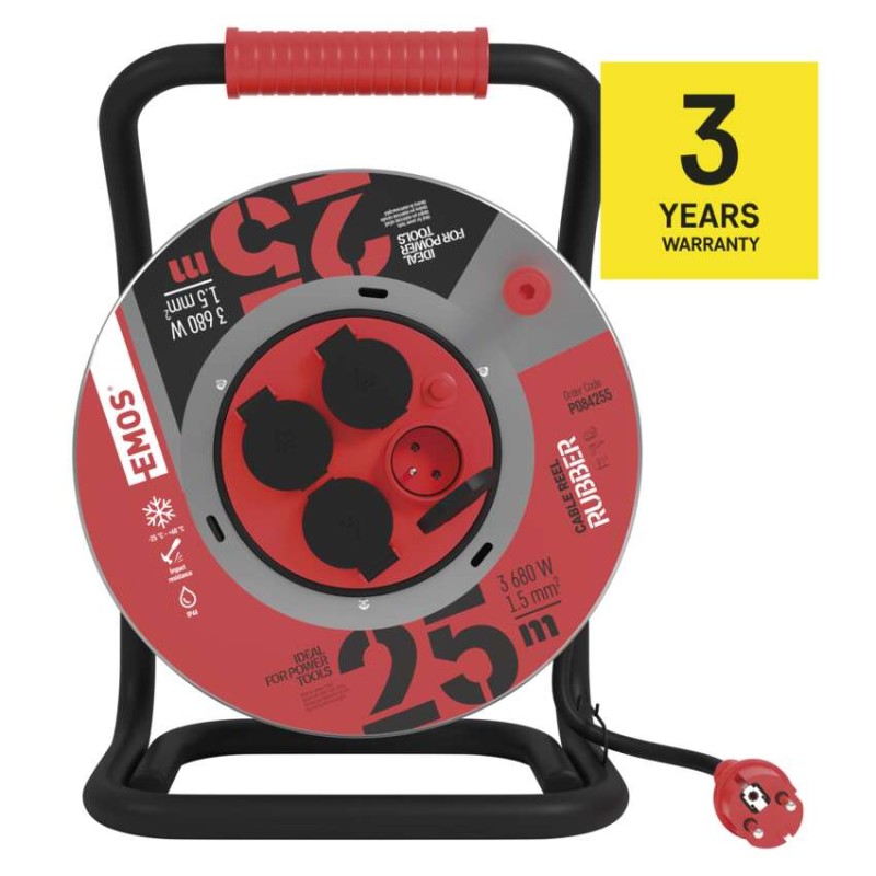 Venkovní prodlužovací kabel na bubnu 25 m / 4 zásuvky / černý / guma / 230 V / 1,5 mm2