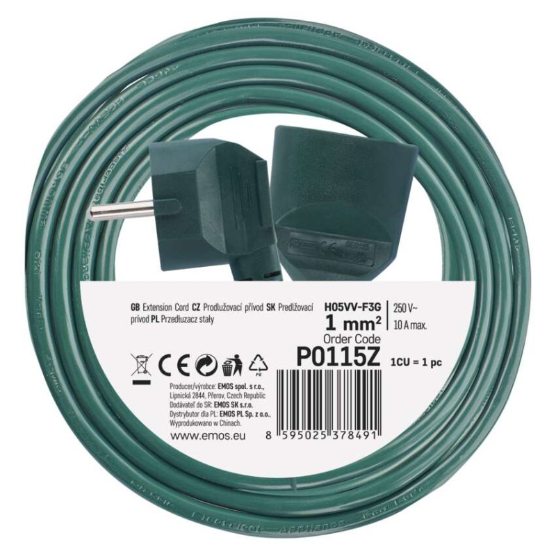 Przedłużacz 5 m / 1 gniazdo / zielony / PVC / 1 mm2