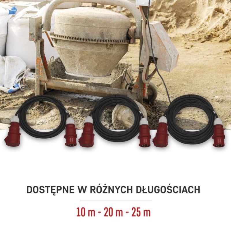 Przedłużacz 3-fazowy ogrodowy 20 m / 1 gniazdo / czarny / guma / 400 V / 2,5 mm2