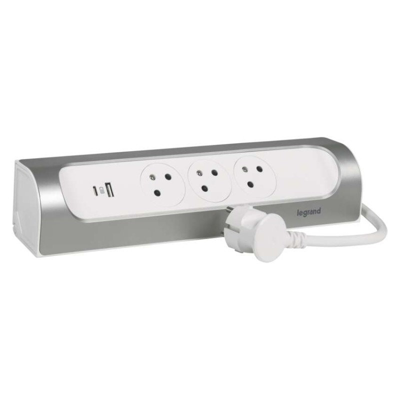 Legrand predlžovací kábel 1 m / 3 zásuvky / s USB / hliník-biela / PVC / 1,5 mm2